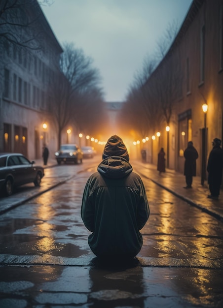 Un hombre sombrío lleva una expresión desolada que transmite sentimientos de melancolía y desesperación