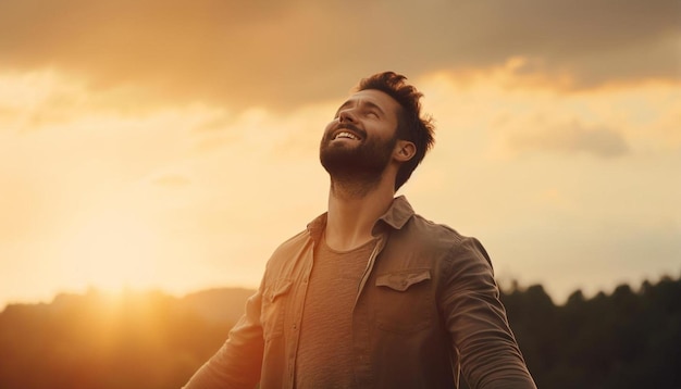 Foto un hombre sonríe al atardecer