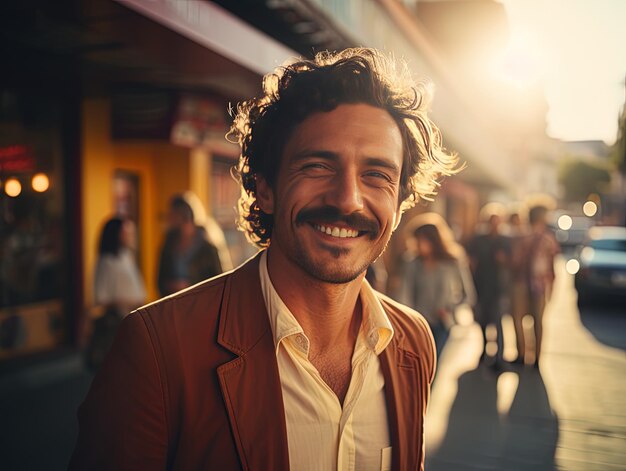 un hombre sonríe frente a un edificio con una sonrisa en la cara