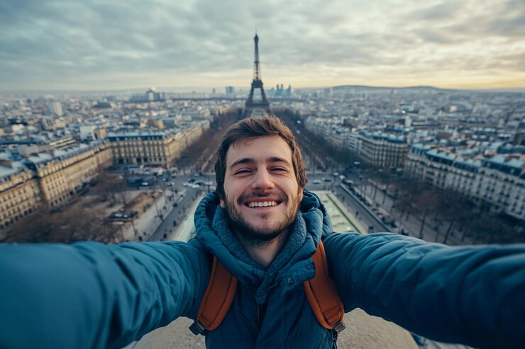 Un hombre sonríe mientras toma una selfie con vistas a París con la Torre Eiffel detrás de él