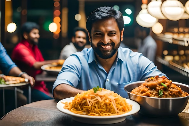 Un hombre sonríe ante un plato de comida con fideos y verduras.