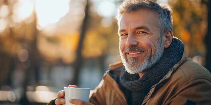 un hombre sonríe y sostiene una taza de café en la mano