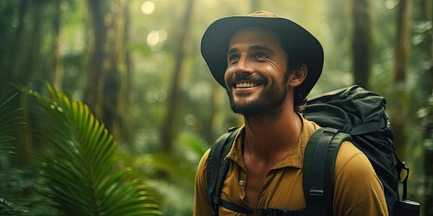 hombre sonriendo en el bosque al estilo de la temática de aventuras