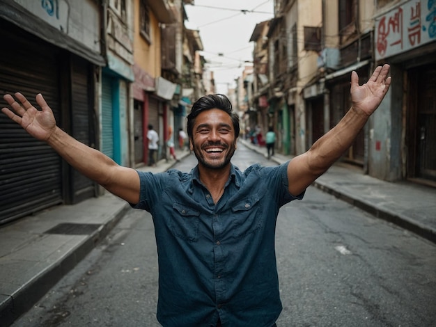 hombre sonriendo con el brazo en alto