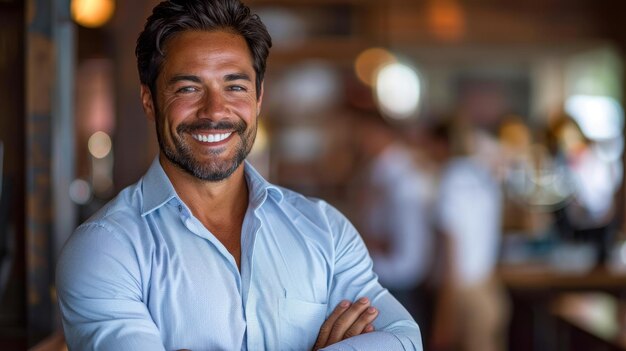 Un hombre sonriendo con los brazos cruzados en el pecho