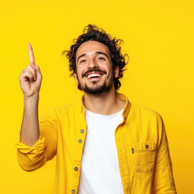 Un hombre sonriendo cálidamente apuntando hacia arriba con una mano