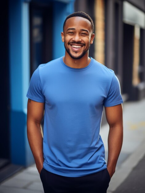 un hombre sonriendo con una camiseta azul de alta calidad para un diseño de maqueta