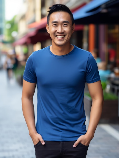 un hombre sonriendo con una camiseta azul de alta calidad para un diseño de maqueta