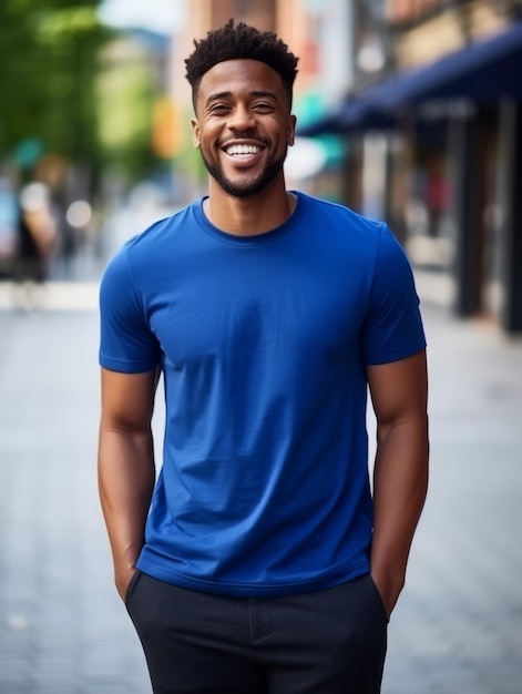 un hombre sonriendo con una camiseta azul de alta calidad para un diseño de maqueta