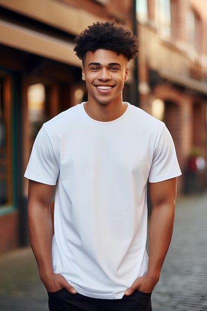 Un hombre sonriendo con una camiseta blanca