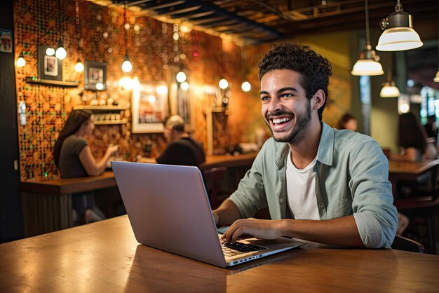 hombre sonriendo en una computadora portátil frente a una mesa de café vacía