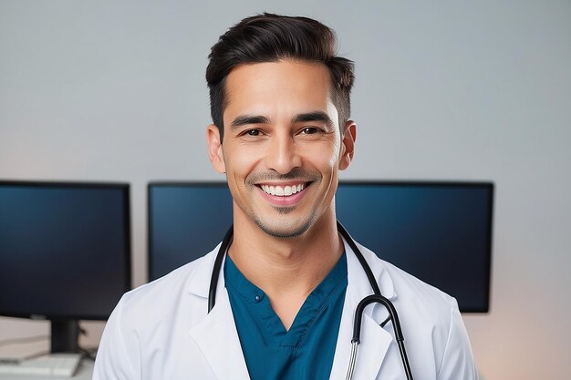 Un hombre sonriendo con un estetoscopio en el pecho