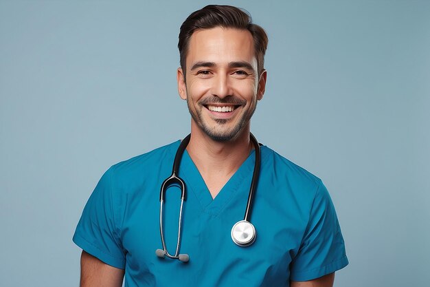 Un hombre sonriendo con un estetoscopio en el pecho