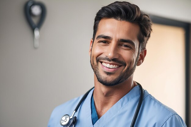 Foto un hombre sonriendo con un estetoscopio en el pecho