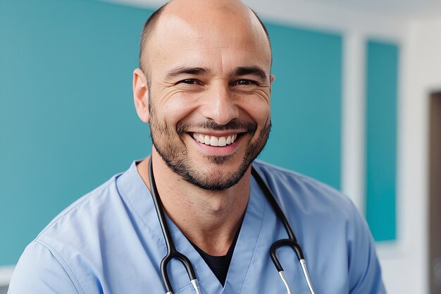 Un hombre sonriendo con un estetoscopio en el pecho