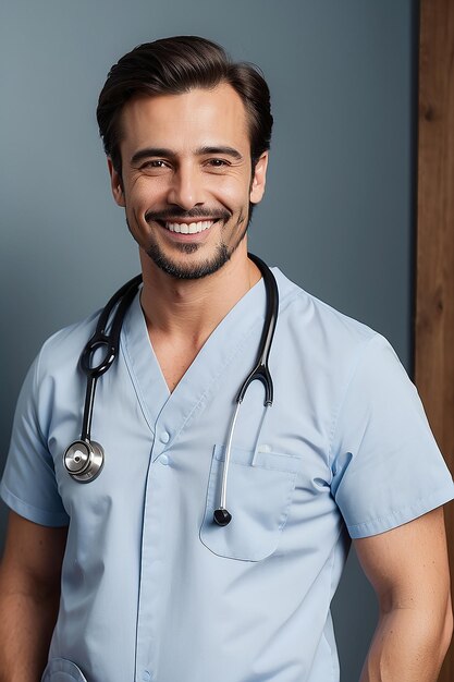Un hombre sonriendo con un estetoscopio en el pecho