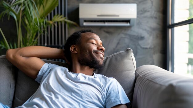 Foto un hombre está sonriendo felizmente mientras se sienta en el sofá y toma el aire fresco