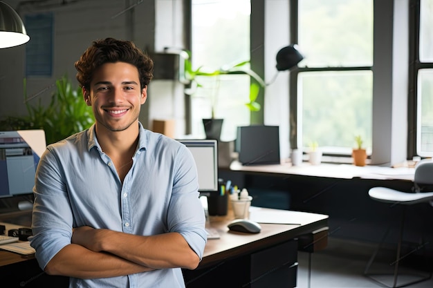 Foto hombre sonriendo en una foto de la oficina