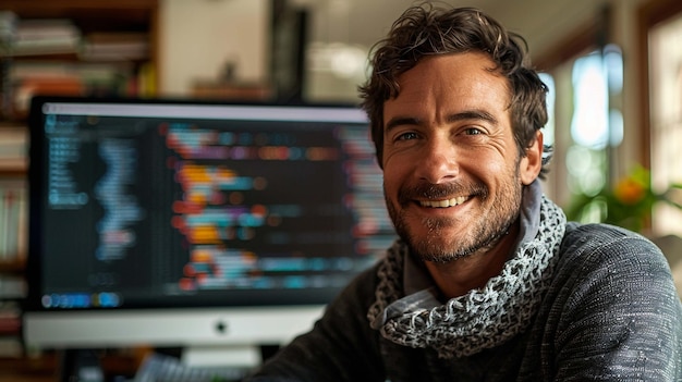 Foto un hombre sonriendo frente a una pantalla de computadora que dice 