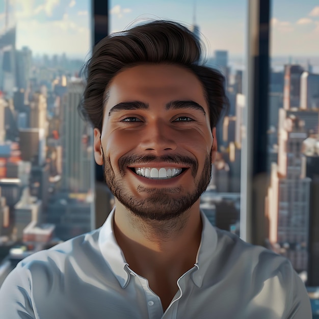 un hombre sonriendo frente a un rascacielos con la ciudad detrás de él