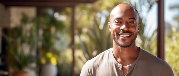 un hombre sonriendo mientras está parado frente a una casa