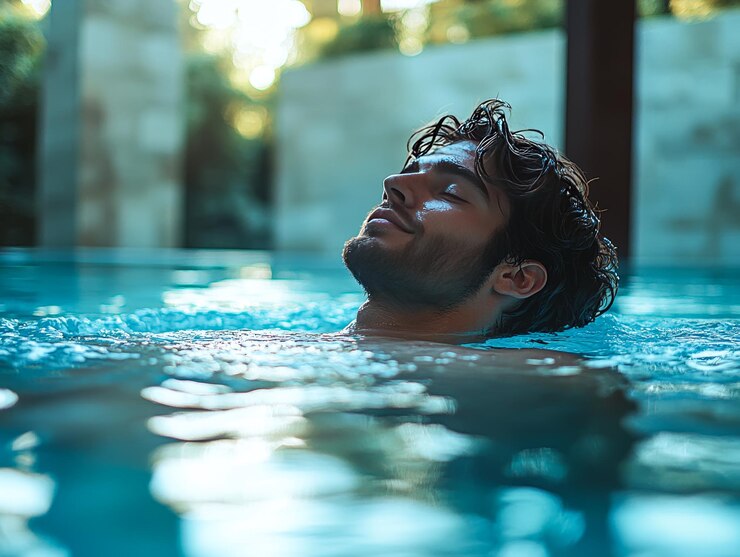 Hombre sonriendo mientras se relaja en un spa minimalista Serenidad y cuidado personal
