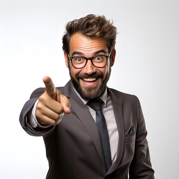 Foto un hombre sonriendo mientras señala sobre fondo blanco.