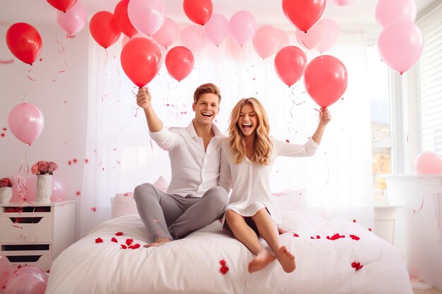 Un hombre sonriendo mientras su novia mira la habitación llena de globos rojos y confeti celebrando