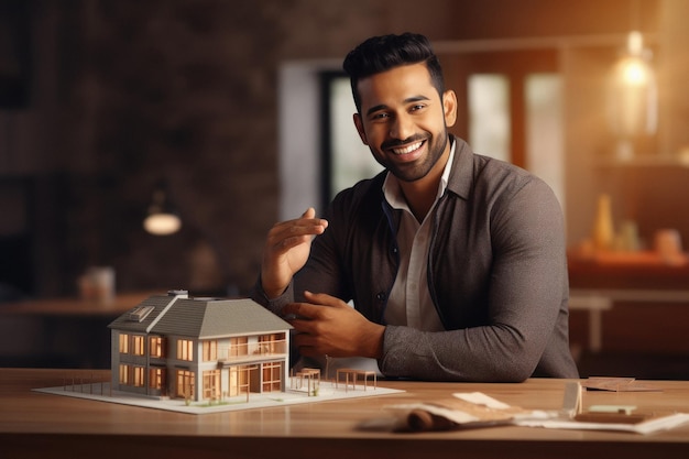 Hombre sonriendo y mostrando el concepto de bienes raíces de la casa