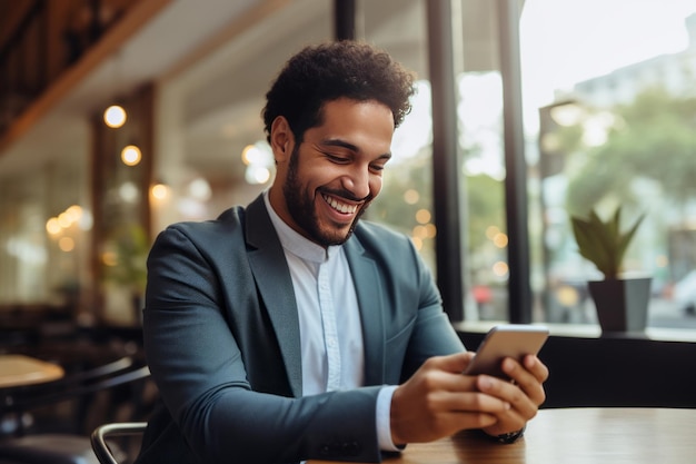 Hombre sonriendo y usando el móvil para pago en línea