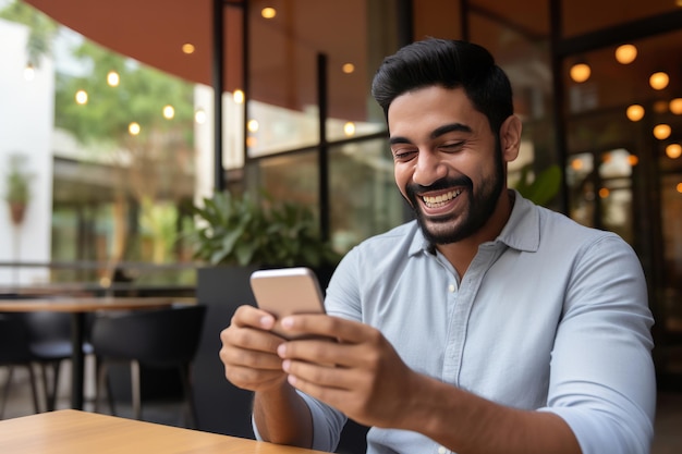 Hombre sonriendo y usando el móvil para pago en línea