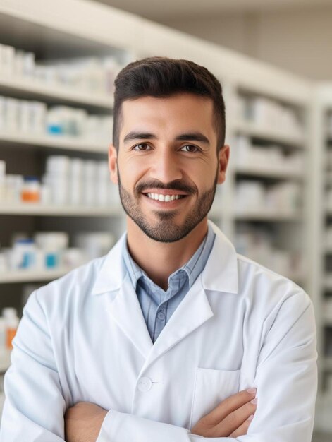 un hombre sonriente con un abrigo blanco y una camisa azul que dice sonrisa