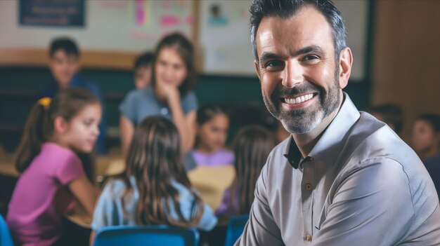 Foto un hombre sonriente en un aula con niños