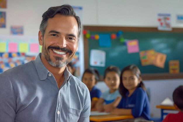 Un hombre sonriente en un aula con niños