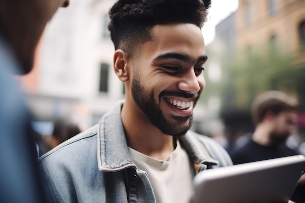 Hombre sonriente barbudo está navegando por internet en tableta mientras camina en la ciudad generativa ai