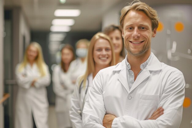 Foto hombre sonriente en una bata de laboratorio blanca con un grupo de personas en el fondo