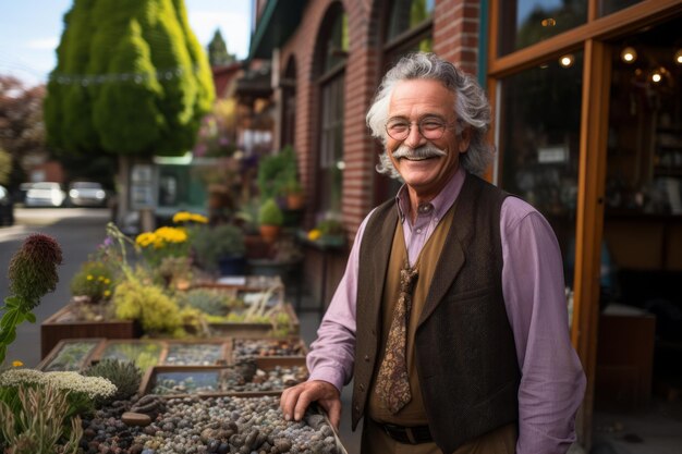 Un hombre sonriente con bigote y gafas está de pie frente a una mesa de plantas