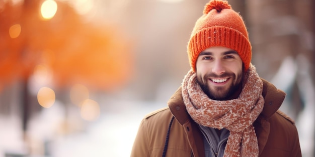 hombre sonriente con bufanda y sombrero de punto en copia de fondo de invierno borroso.