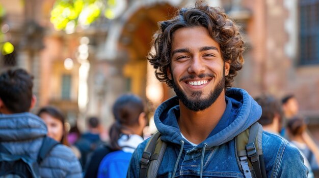 Foto hombre sonriente con cabello rizado y barba