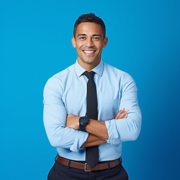 Foto un hombre sonriente con una camisa azul y corbata que dice 