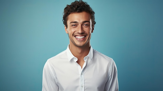 hombre sonriente con camisa blanca de fondo azul