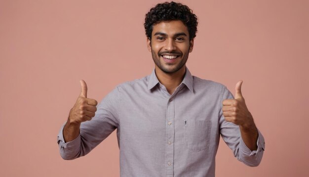 Un hombre sonriente con una camisa gris levanta dos pulgares exuding calidez y positividad