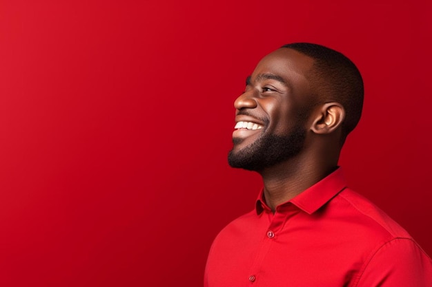 un hombre sonriente con una camisa roja y un fondo rojo