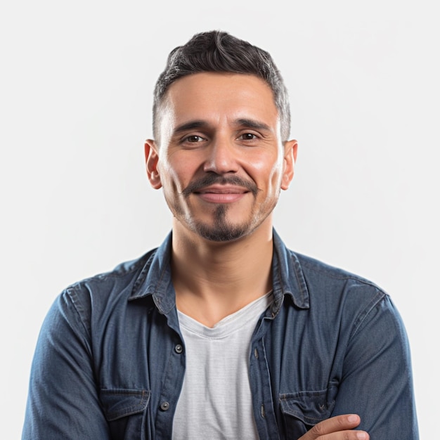 hombre sonriente en camisa de vaqueros con los brazos cruzados y una sonrisa en su cara generativa ai