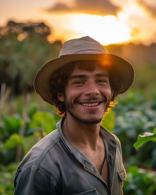 Un hombre sonriente en un campo al atardecer