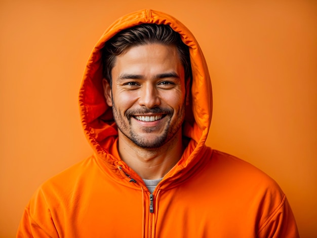 hombre sonriente con capucha naranja