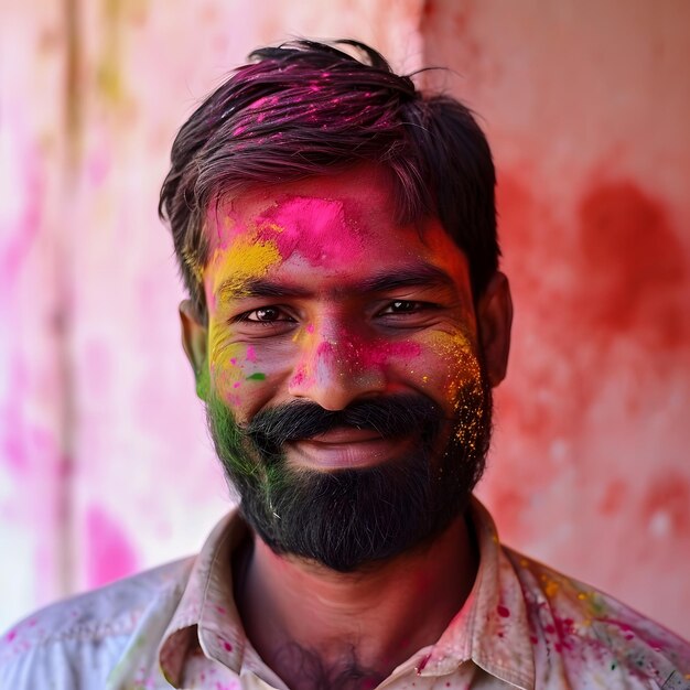 Un hombre sonriente en la celebración de Holi momento realista capturado foto