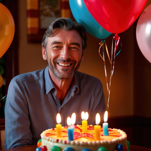 Foto hombre sonriente celebrando su cumpleaños con pastel y globos.