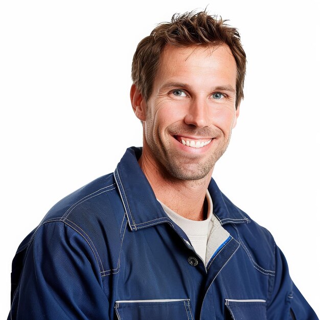Hombre sonriente con chaqueta de trabajo azul