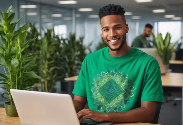 Hombre sonriente con computadora portátil en una oficina llena de plantas en un entorno de trabajo consciente del medio ambiente